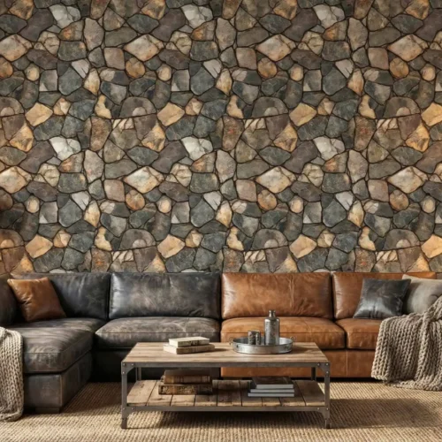 rustiek natuursteen behang met grove keien achter hoekbank in industriële woonkamer