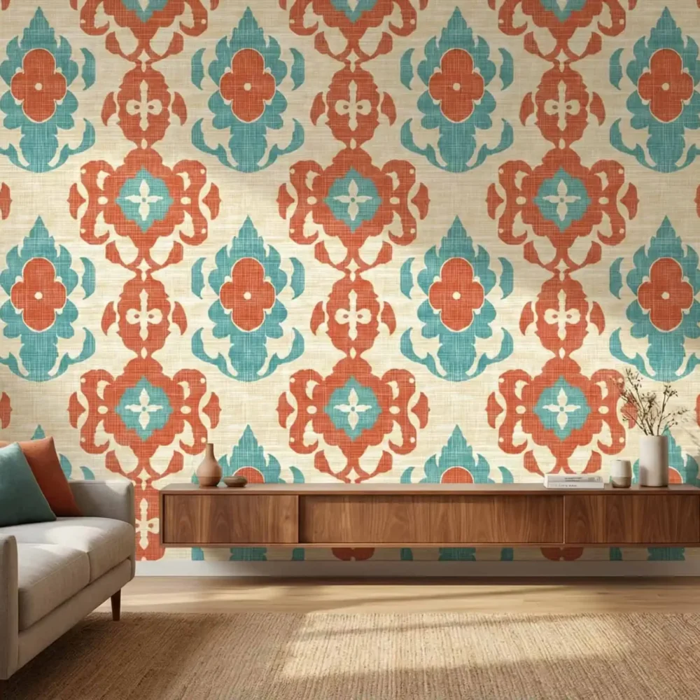 retro ornament behang in terracotta en turquoise achter bank in lichte woonkamer