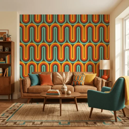 retro geometrisch behang achter leren bank in lichte woonkamer