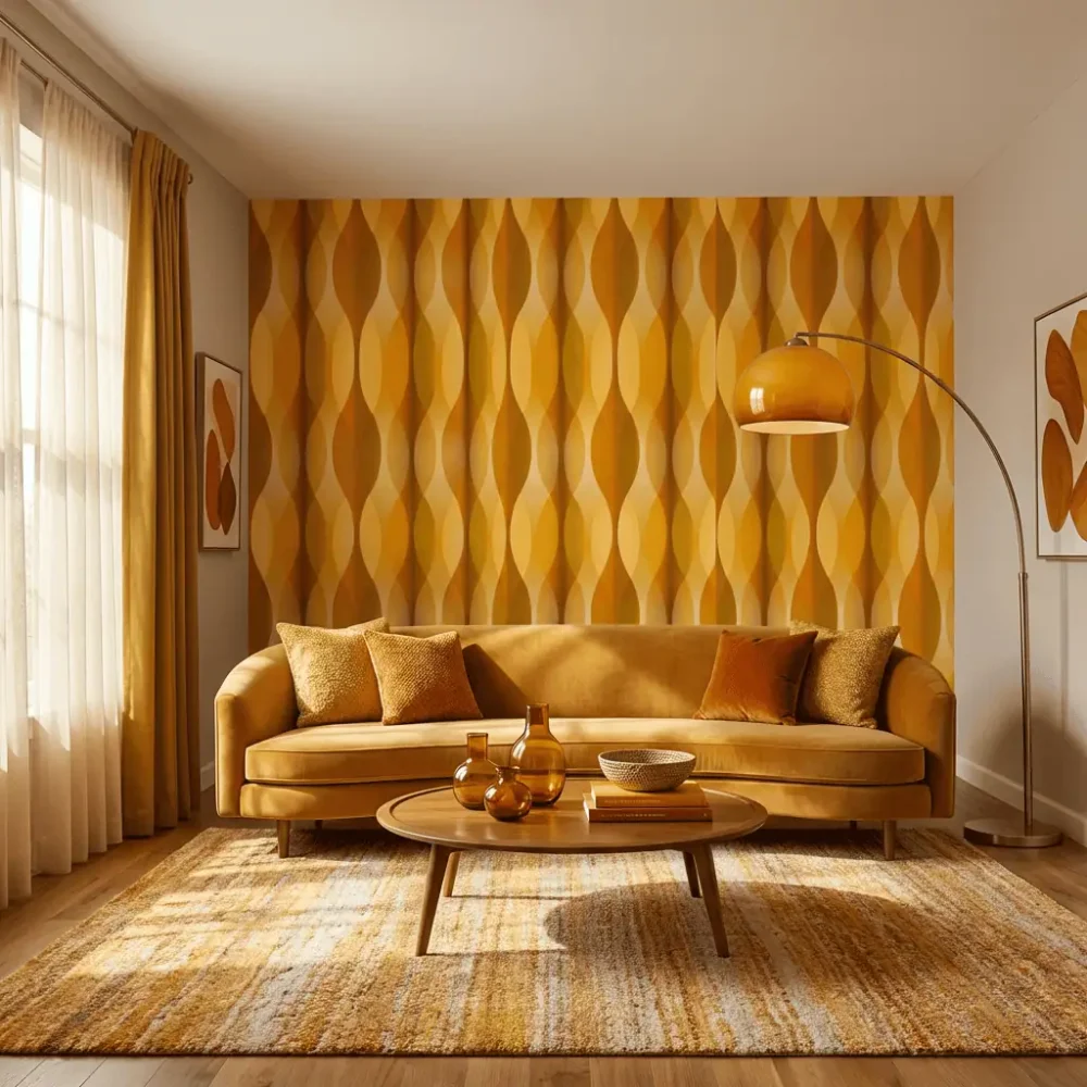 retro geometrisch behang in mosterdgeel achter bank in lichte woonkamer