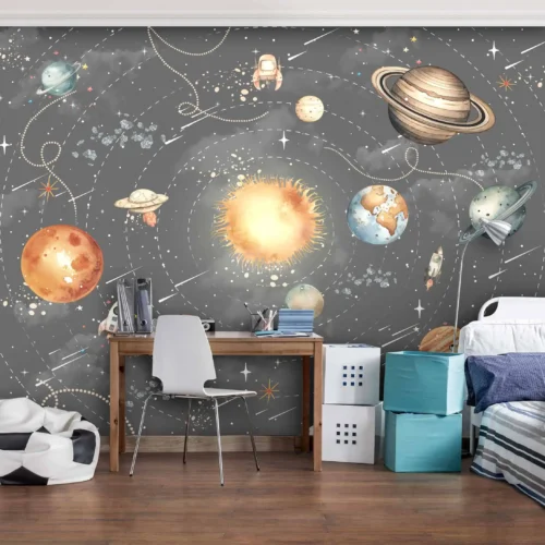 ruimte behang donkergrijs achter bureau en bed in kinderkamer