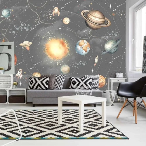 ruimte behang donkergrijs achter bed in slaapkamer