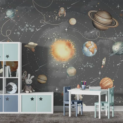 ruimte behang donkergrijs achter speelmat in kinderkamer