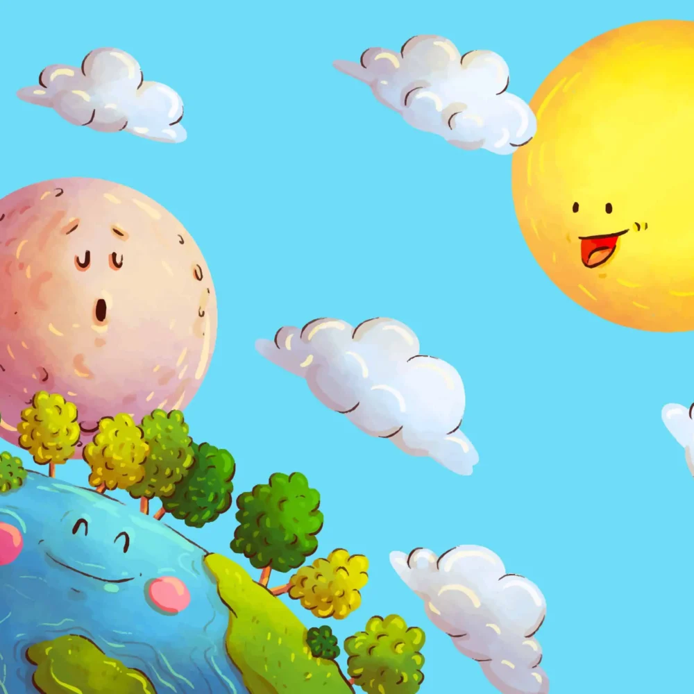 kinderkamer behang zon maan aarde blauw met vrolijke illustratie van zon, maan, aarde en wolken