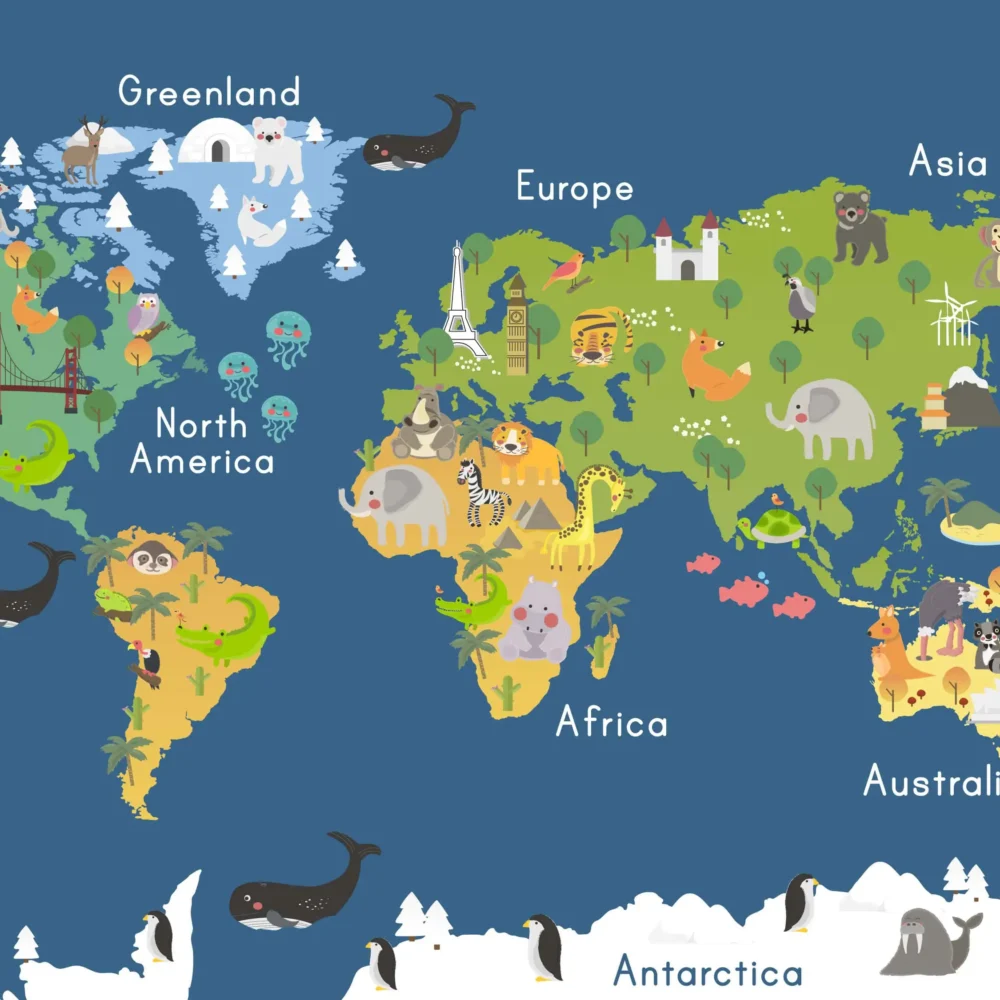 wereldkaart behang dieren blauw oceaan met vrolijke dieren en continenten