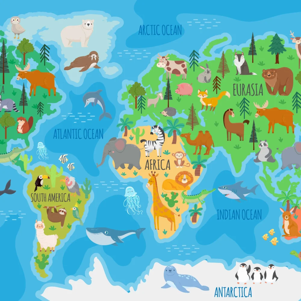 wereldkaart behang dieren met vrolijke dierenillustraties en blauwe oceanen
