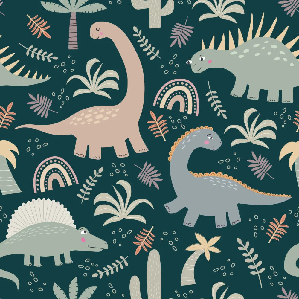 dino behang donkergroen met pastel dinosaurussen en planten patroon