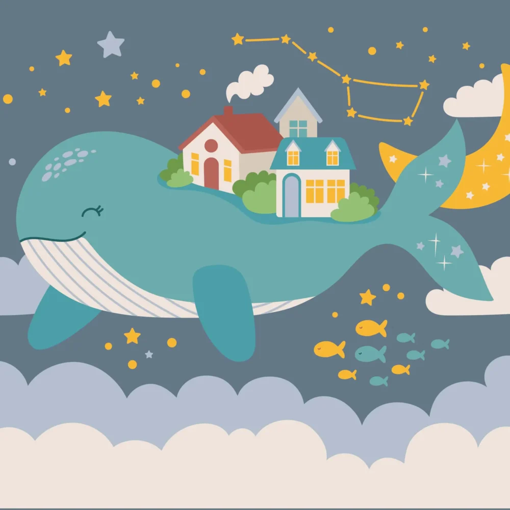 kinderkamer behang walvis blauw met illustratie van walvis, huisjes, sterren en wolken