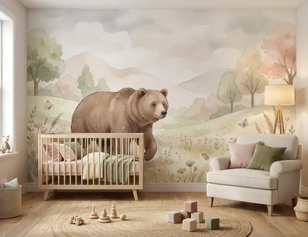 babykamer behang beer in pastel bos achter wiegje in babykamer