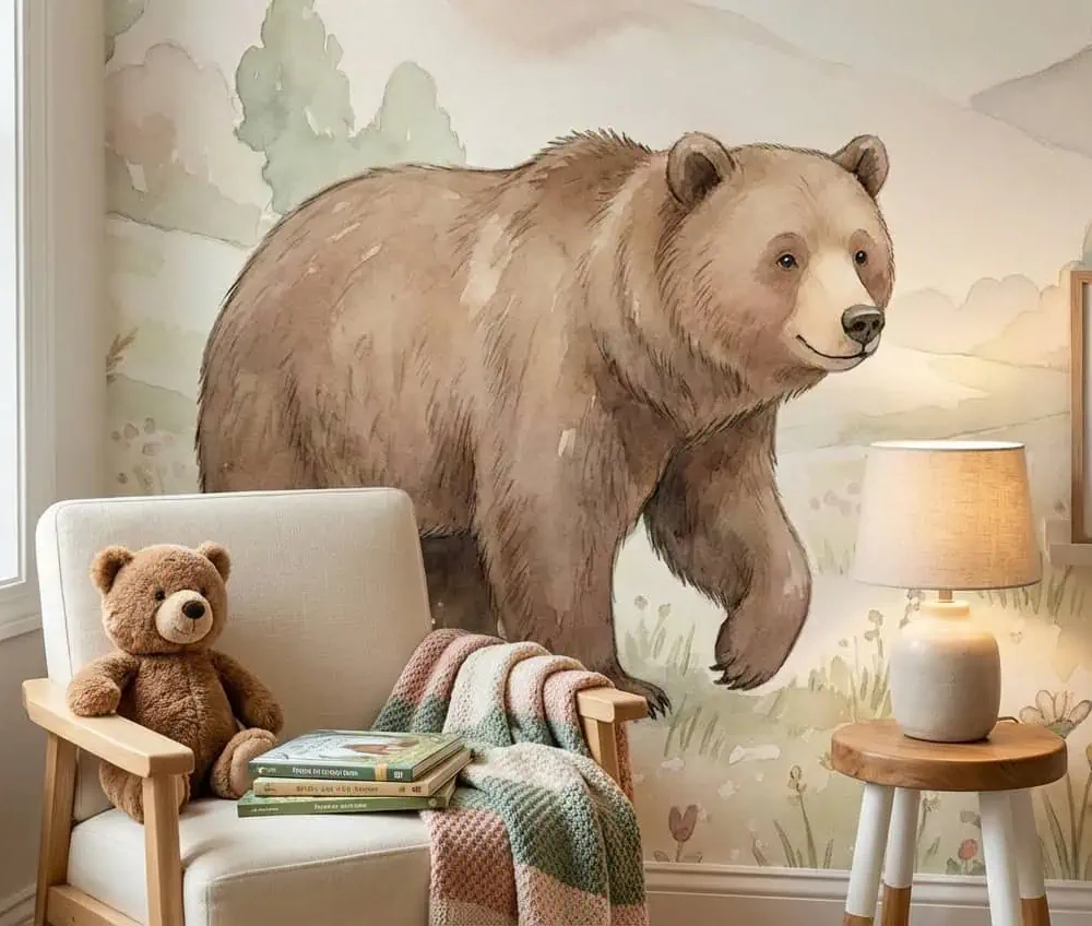 babykamer behang beer in pastel bos achter fauteuil met teddybeer in babykamer