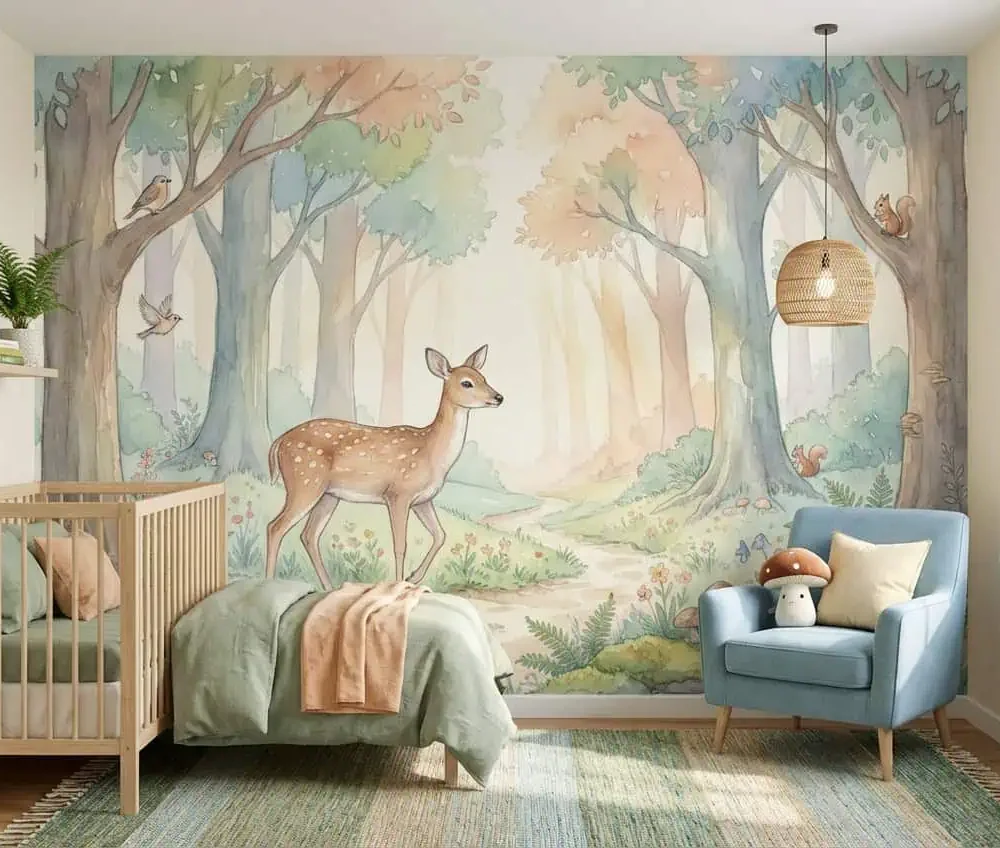 bos behang hert pastel achter ledikant en fauteuil in kinderkamer