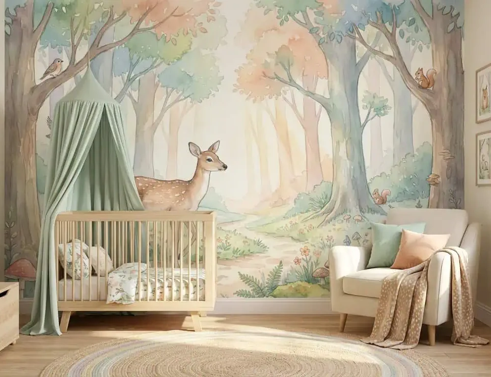 bos behang hert pastel achter houten ledikant en fauteuil in kinderkamer