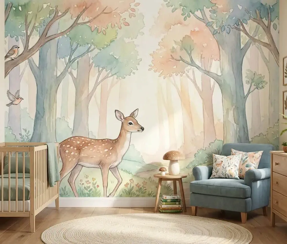 bos behang hert pastel achter ledikant en commode in kinderkamer