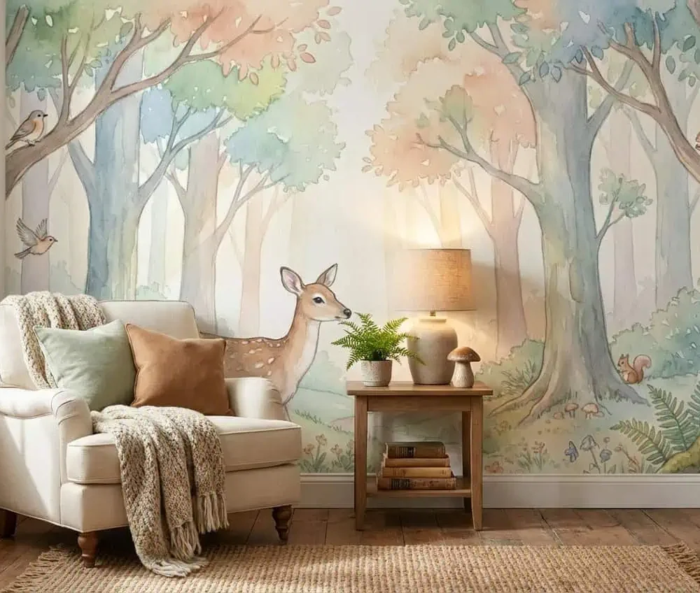 bos behang hert pastel achter fauteuil en bijzettafel in kinderkamer