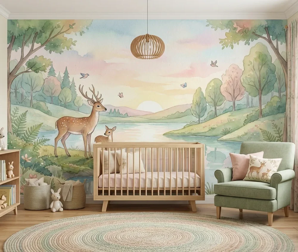 bos behang herten pastel achter commode en fauteuil in kinderkamer