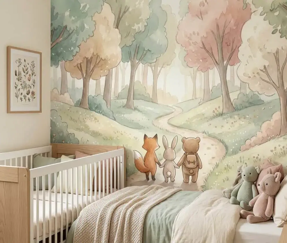 bos behang pastel achter bed en knuffels in kinderkamer
