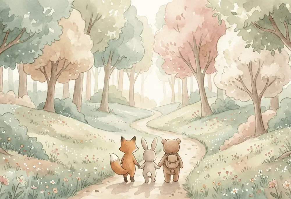 bos behang pastel met vos, konijn en beer in een sprookjesachtig bos