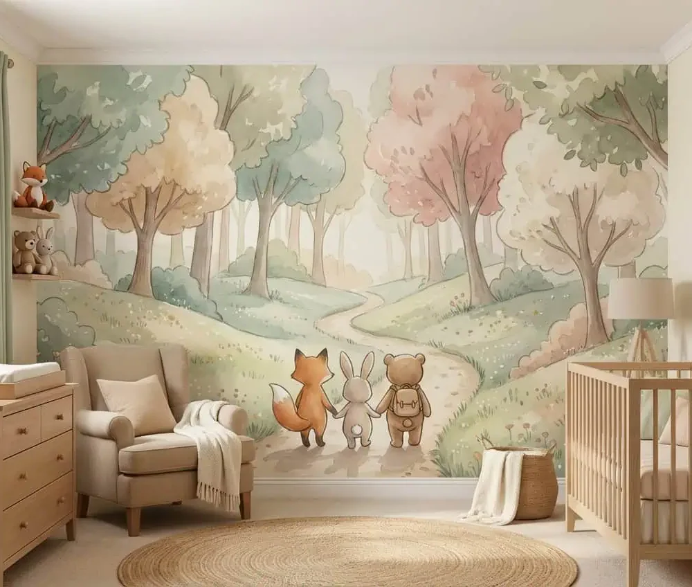 bos behang pastel achter commode en ledikant in lichte kinderkamer