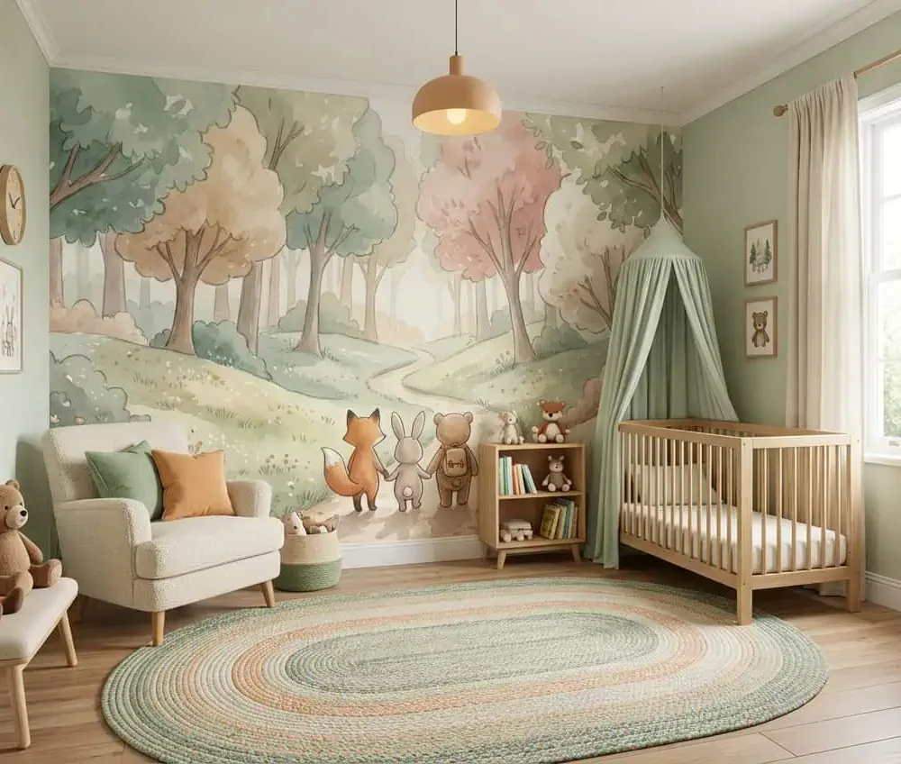 bos behang pastel achter fauteuil en ledikant in kinderkamer