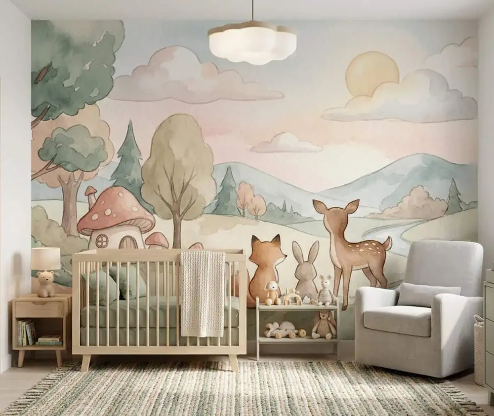 bosdieren behang pastel achter ledikant en fauteuil in babykamer