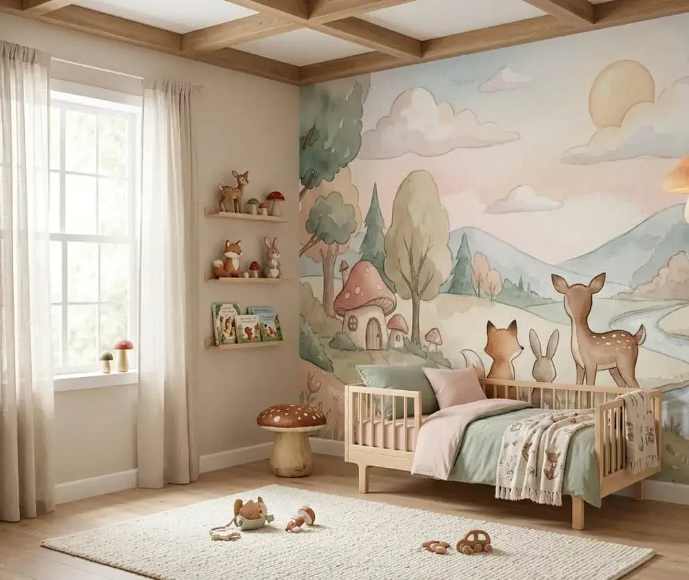 bosdieren behang pastel achter kinderbed en speelgoed in kinderkamer