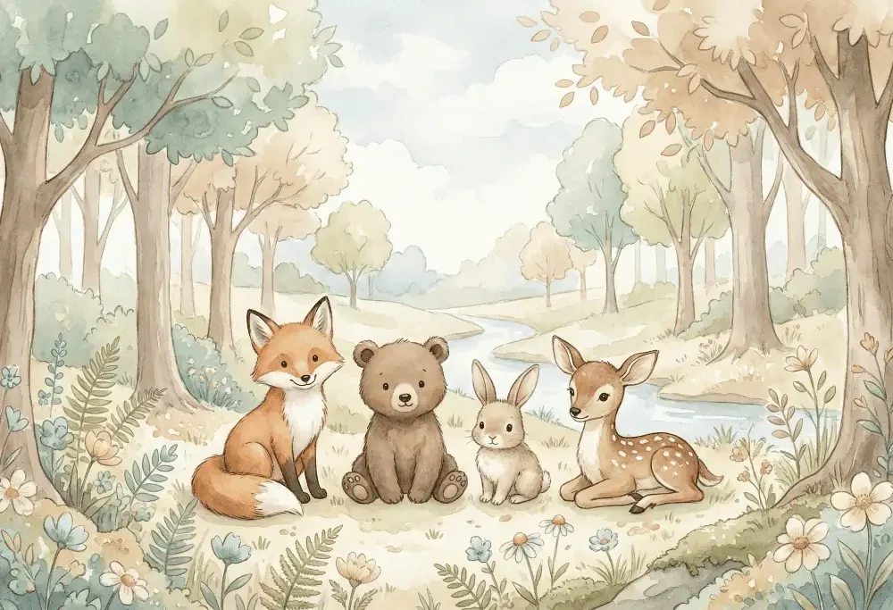 bosdieren behang pastel met vos, beer, konijn en hertje in een aquarel boslandschap