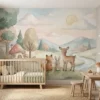 bosdieren behang pastel achter houten ledikant in lichte kinderkamer