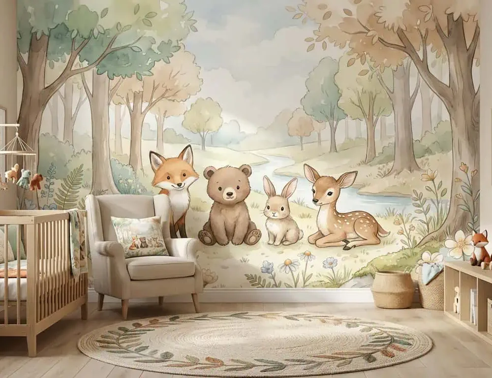 bosdieren behang pastel achter ledikant in lichte kinderkamer