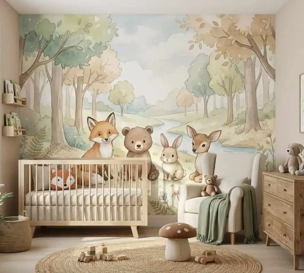 bosdieren behang pastel achter ledikant en fauteuil in kinderkamer