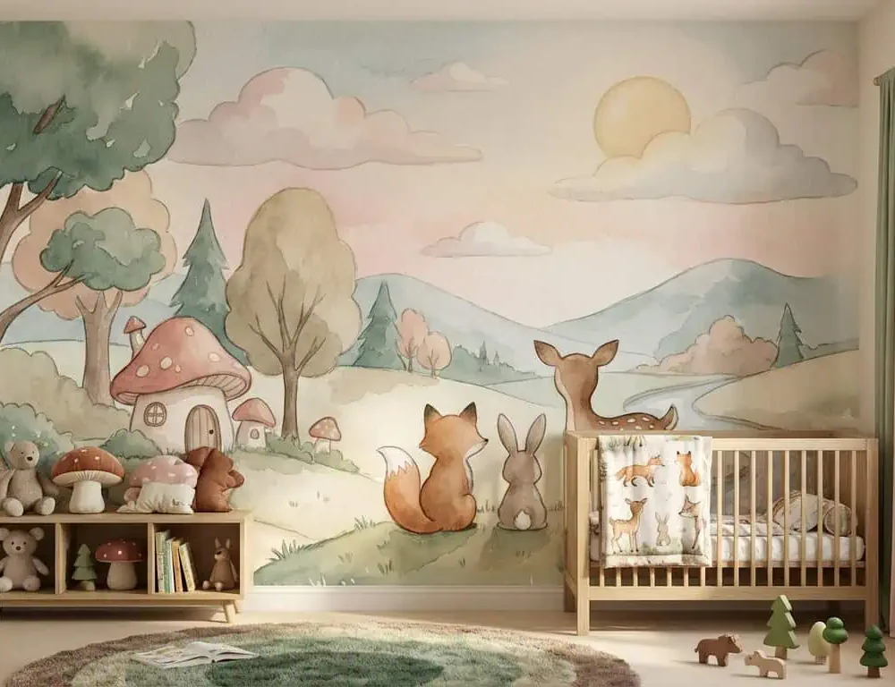 bosdieren behang pastel achter ledikant en knuffels in lichte kinderkamer