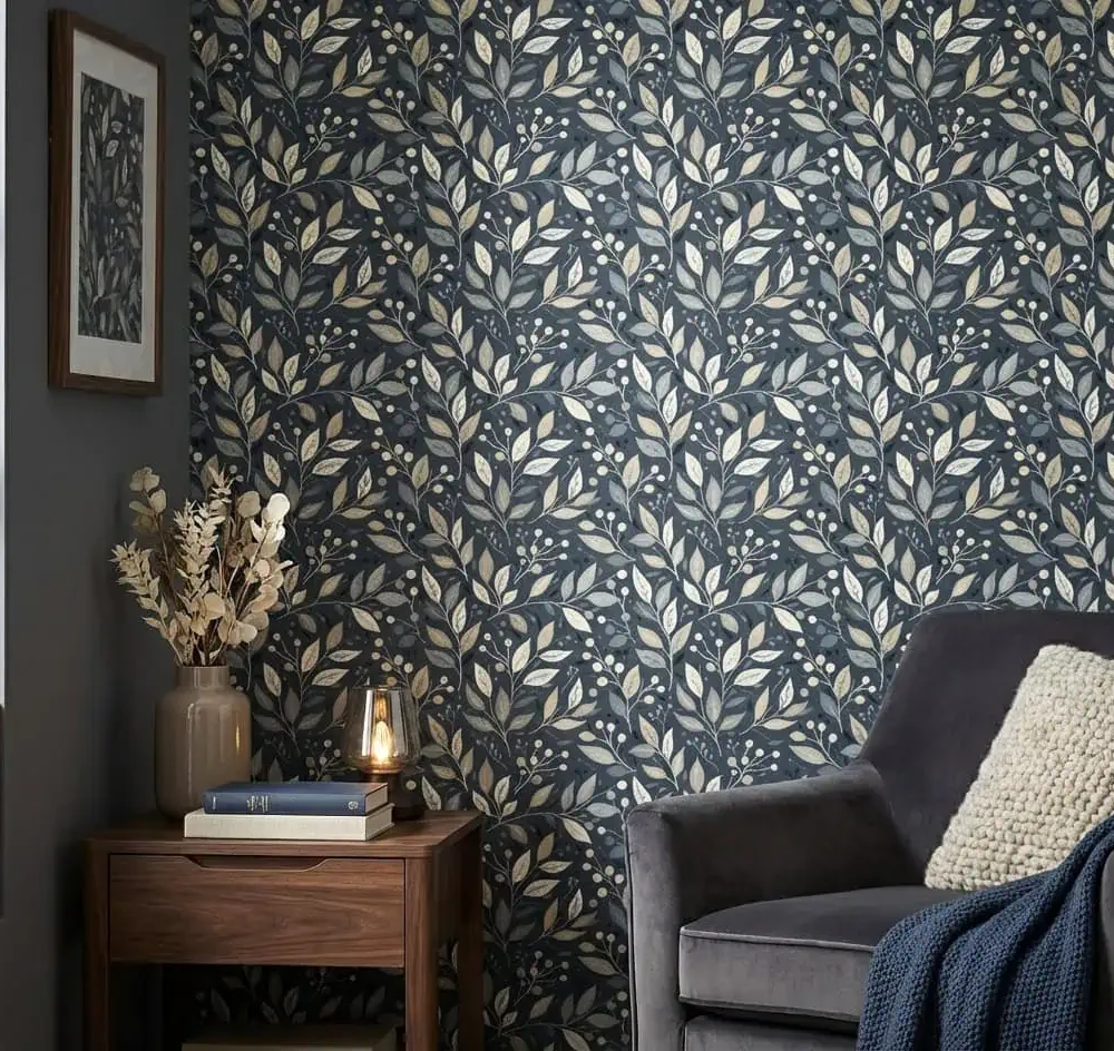 botanisch behang blauwgrijs achter fauteuil en bijzettafel in woonkamer