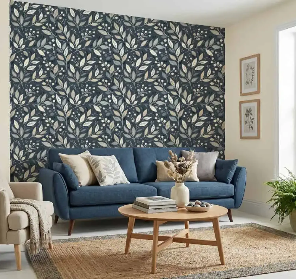 botanisch behang blauwgrijs achter blauwe bank in lichte woonkamer