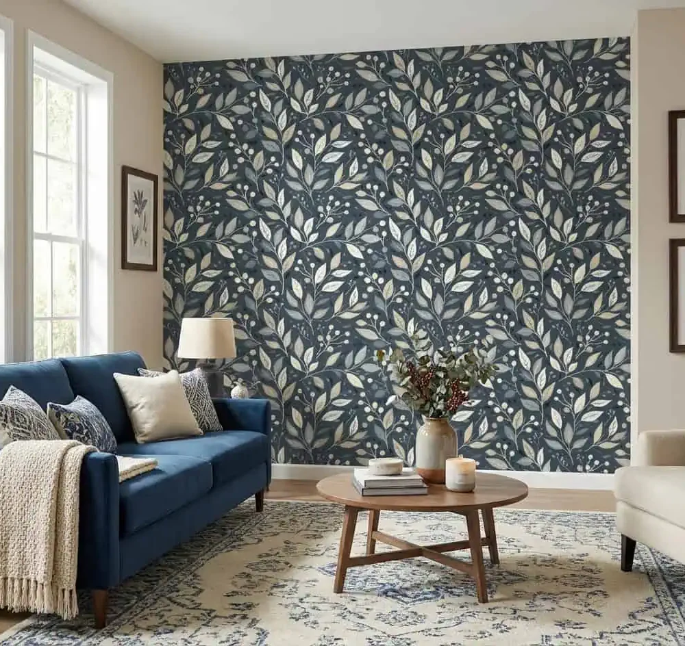 botanisch behang blauwgrijs achter bank en fauteuil in woonkamer