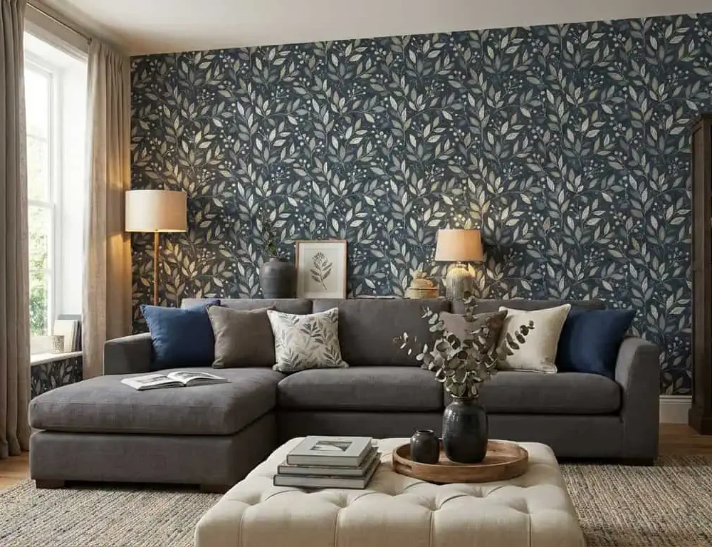 botanisch behang blauwgrijs achter grote hoekbank in woonkamer