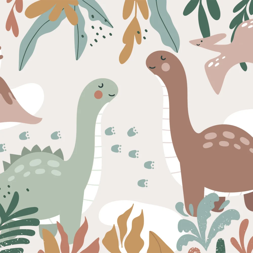 kinderkamer behang dinosaurus pastel met grote dino’s, vulkaan en botanische bladeren in pastelgroen en terracotta