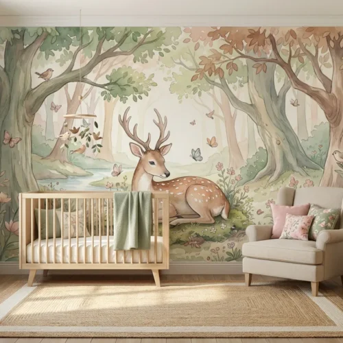 dieren behang babykamer achter houten ledikant in lichte babykamer