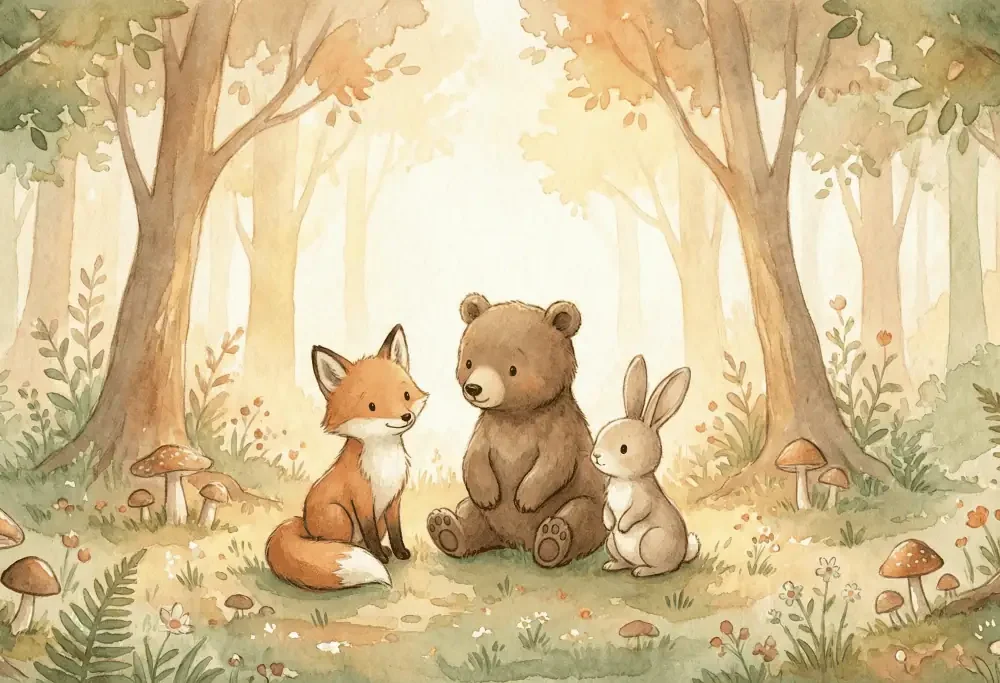 dieren behang beer vos konijn met aquarel bosdieren en bomen in pastelkleuren