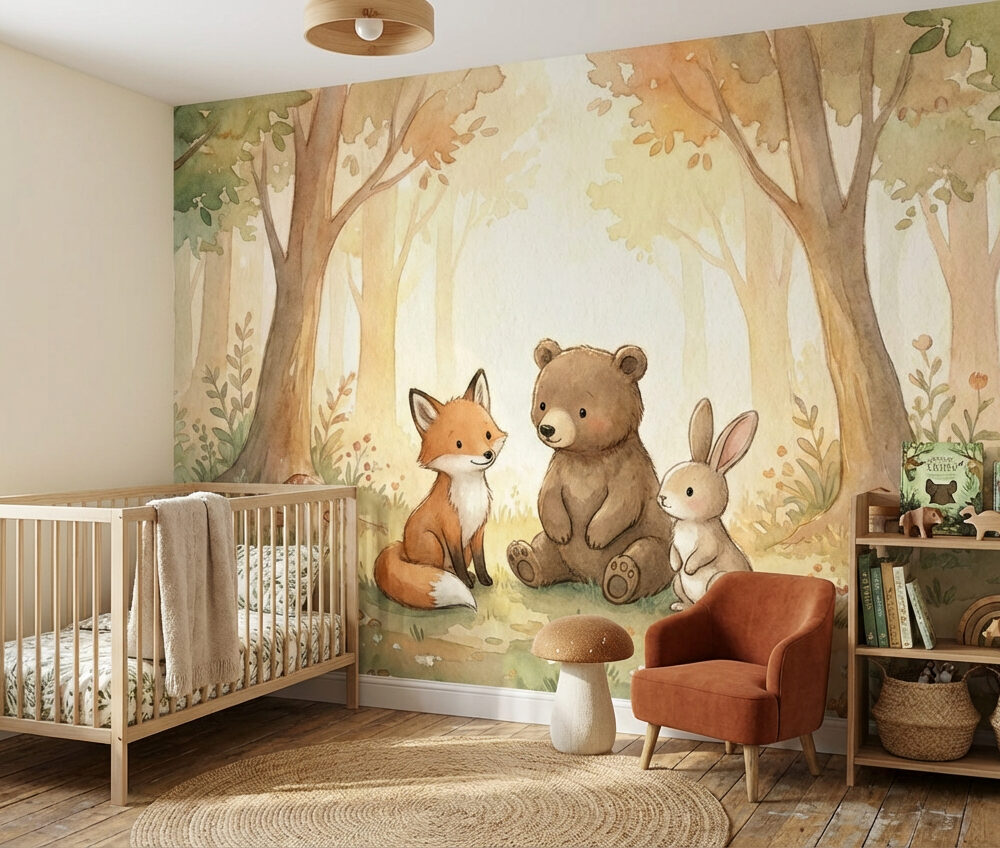 dieren behang beer vos konijn achter ledikant in kinderkamer