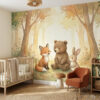 dieren behang beer vos konijn achter ledikant in kinderkamer