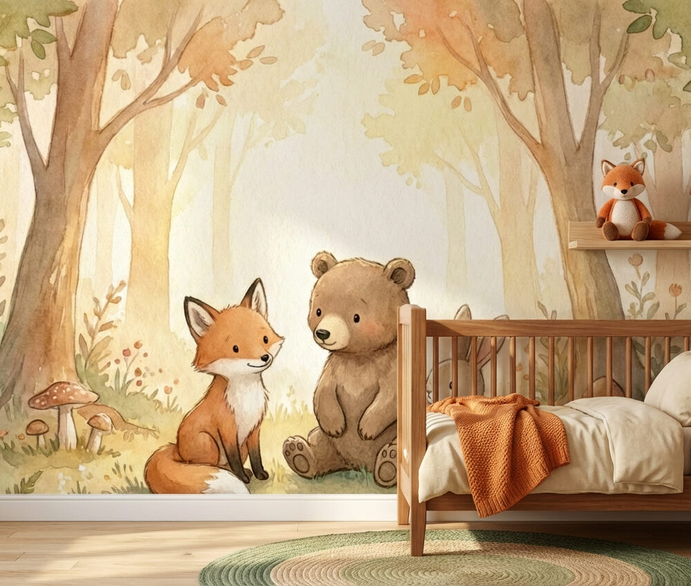 dieren behang beer vos konijn achter peuterbed in kinderkamer
