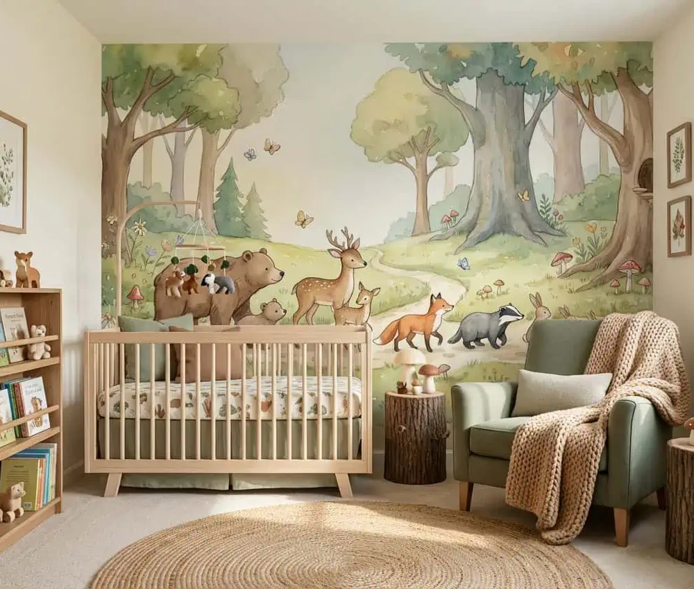 dieren behang bosdieren parade pastel achter ledikant in babykamer