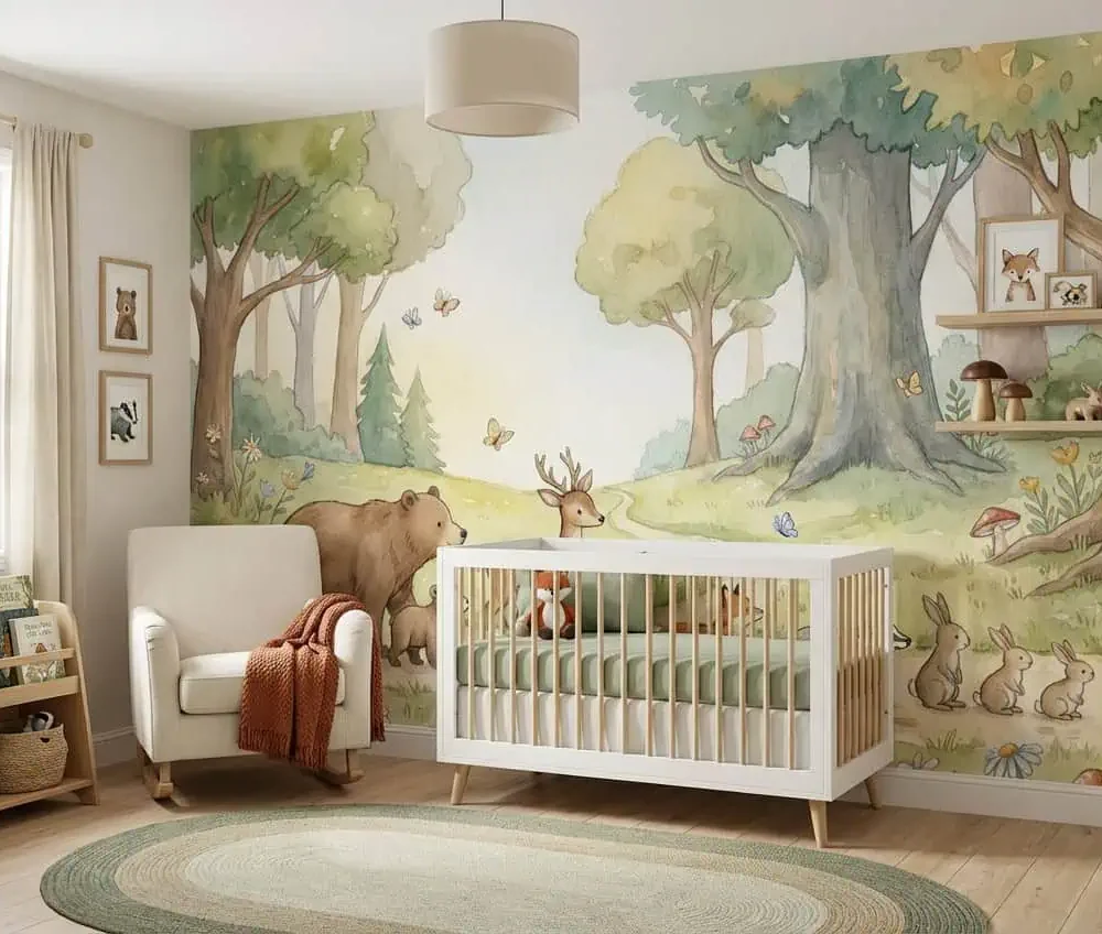 dieren behang bosdieren parade pastel achter commode in lichte babykamer