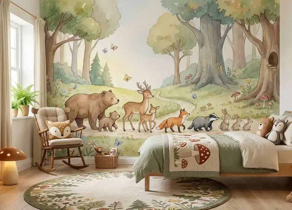 dieren behang bosdieren parade pastel achter kinderbed in knusse kinderkamer