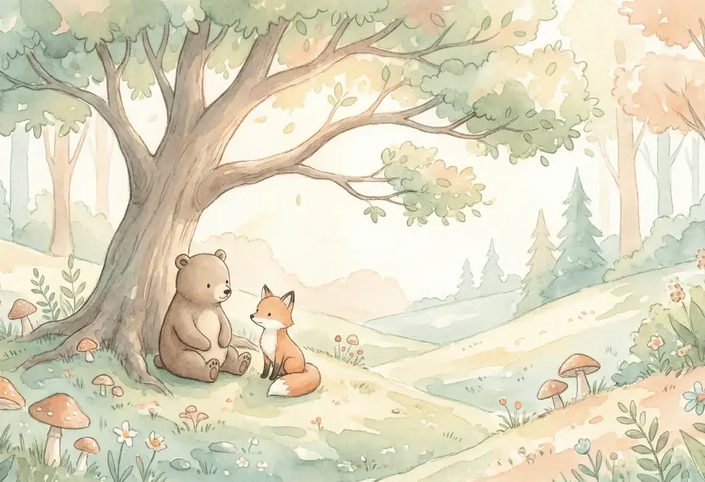 dieren behang bosvriendjes met beer en vos onder grote boom in zacht pastel bos