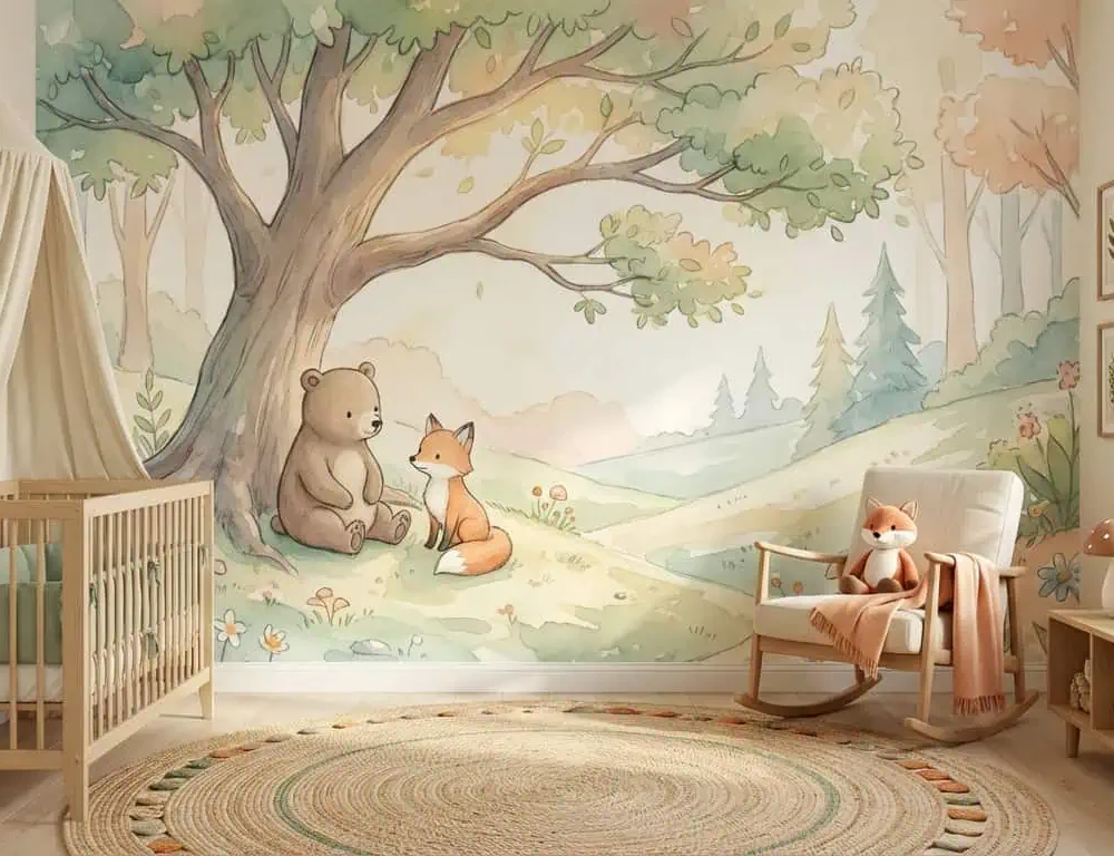 dieren behang bosvriendjes achter houten ledikant en fauteuil in kinderkamer