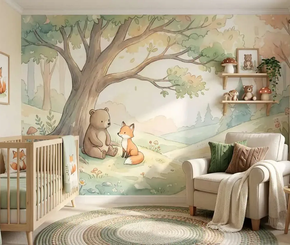 dieren behang bosvriendjes achter ledikant en fauteuil in lichte kinderkamer