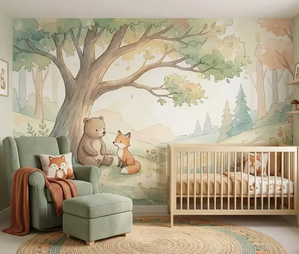 dieren behang bosvriendjes achter groene fauteuil en ledikant in kinderkamer