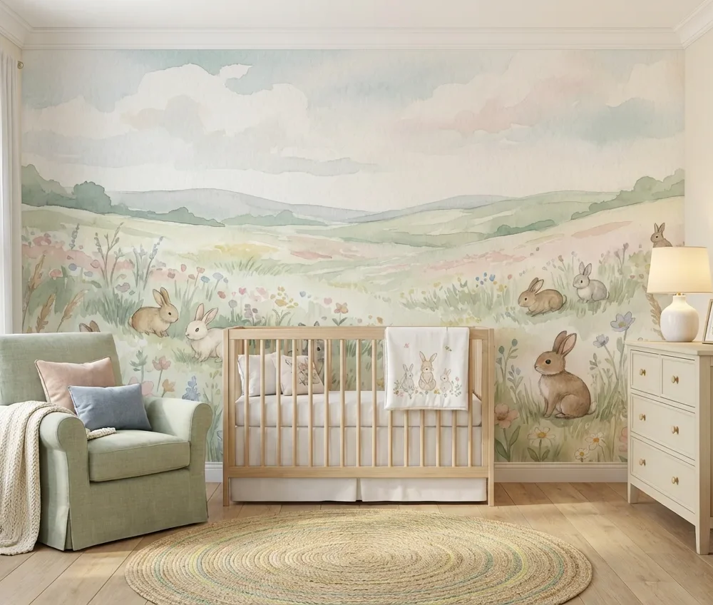 dieren behang konijntjes pastel achter ledikant en commode in babykamer