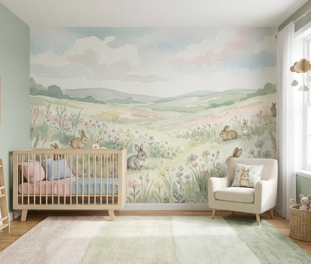 dieren behang konijntjes pastel achter ledikant in kinderkamer