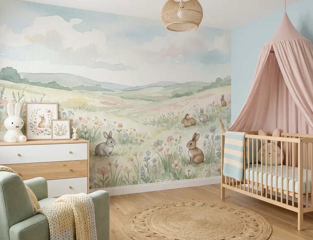 dieren behang konijntjes pastel achter commode en fauteuil in kinderkamer